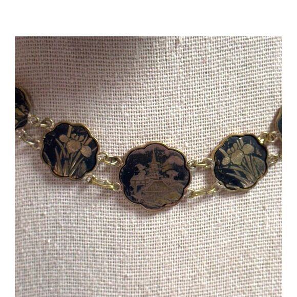 Vintage Japanese Damascene Necklace Graduated Scenic Panels Floral Pagoda 15.5" - Picture 1 of 10